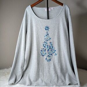 Quacker Factory Top Women 1X Grey Rhinestone Christmas Tree Long Sleeve Festive